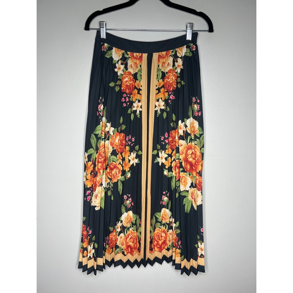 Flying Tomato Floral Pleated Midi Skirt Black Orange Border Print Artsy Boho S